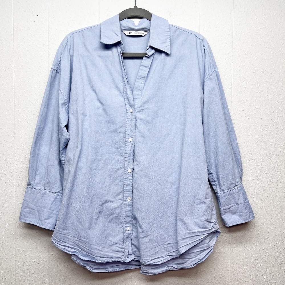 ZARA Womens Oversized Button Front Blue Shirt Small Cotton Breathable Relaxed